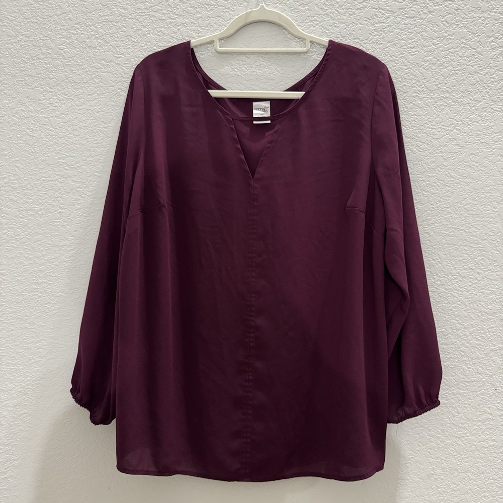 Terra Sky Women Plus 14W Plum Long Sleeve Tee Shirt Sheer Work Office Casual